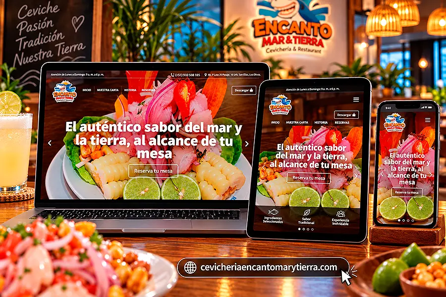 Página web profesional mostrada en desktop, tablet y smartphone